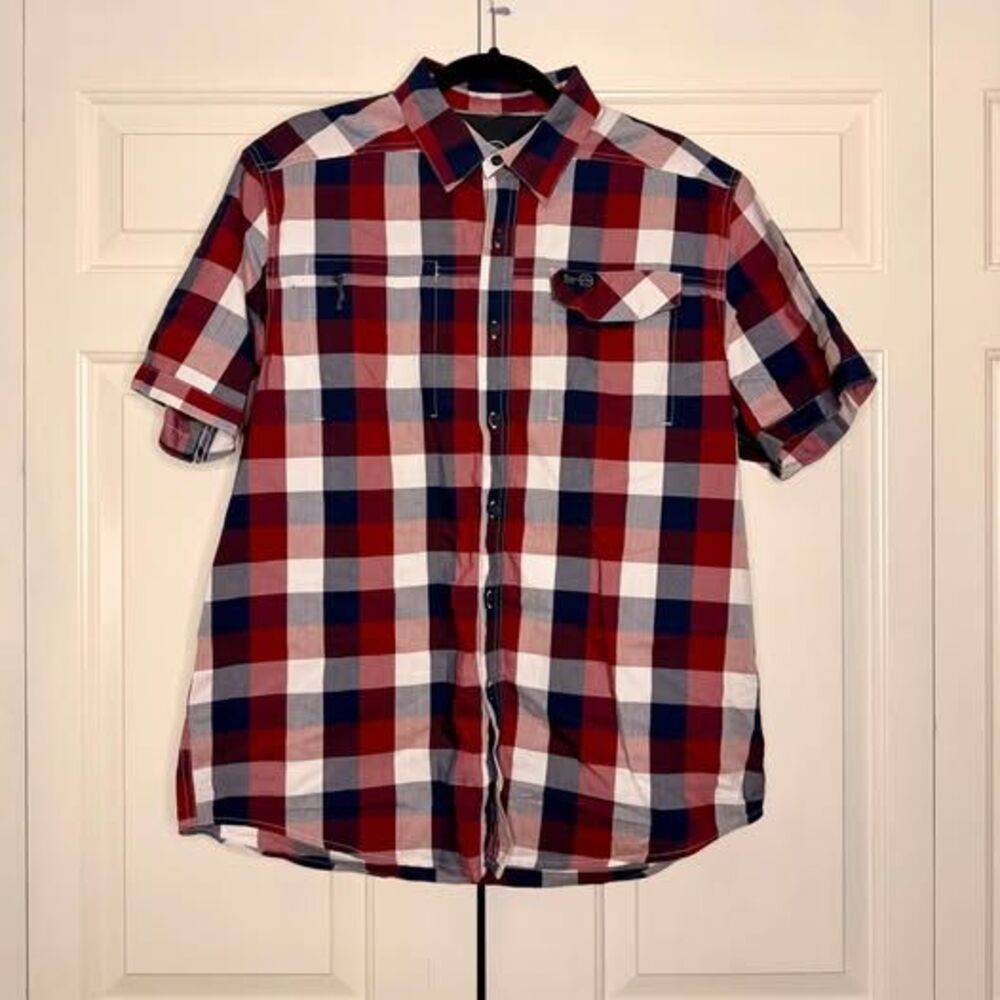 Wrangler ATG Red Navy Gray Plaid Short-Sleeve Button-Up Shirt — Men’s L